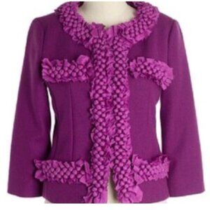 J. Crew Purple Magenta Wool Jacket With Silk Pompom Trim Size 2